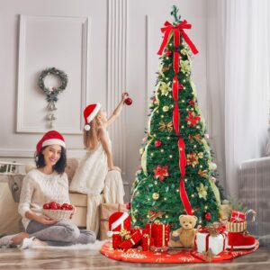 6FT Pre-lit Pop Up Christmas Tree, Pre-Decorated Artificial Xmas Tree with 200 LED Lights, Include 24 Golden&Red Balls, 15 Golden&Red Flowers, 18 Bowknots,3 Golden&Red Glitter Ribbons and Tree Skirt