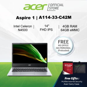 Acer Aspire 1 A114-33-C42M 14" FHD IPS Laptop - Preloaded Microsoft Office 365 Personal